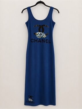Blue Logo Tank Fitted Maxi Dress with Floral Accent